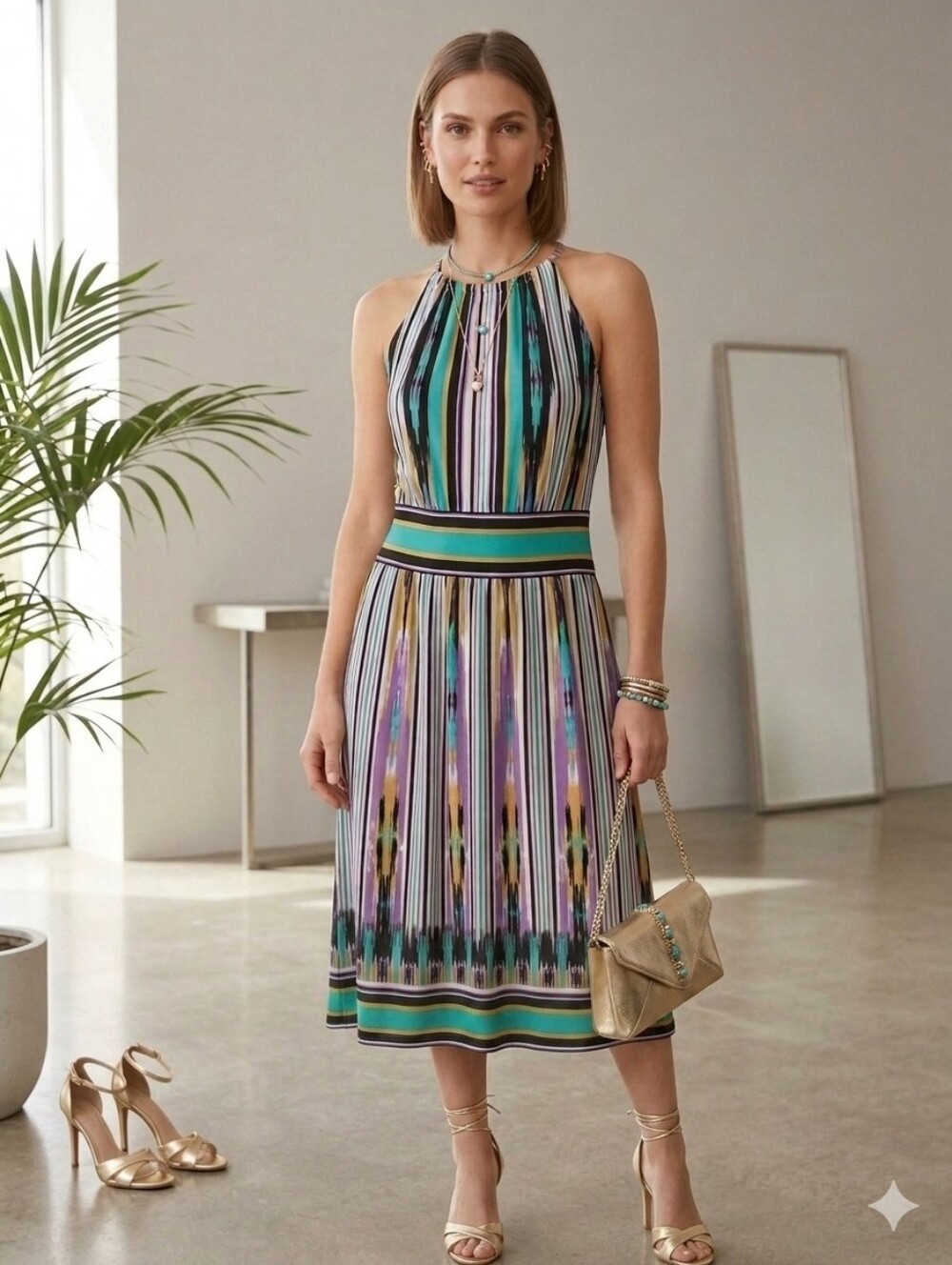 London Times Striped Halter Maxi Dress in Teal, Purple, Black & White